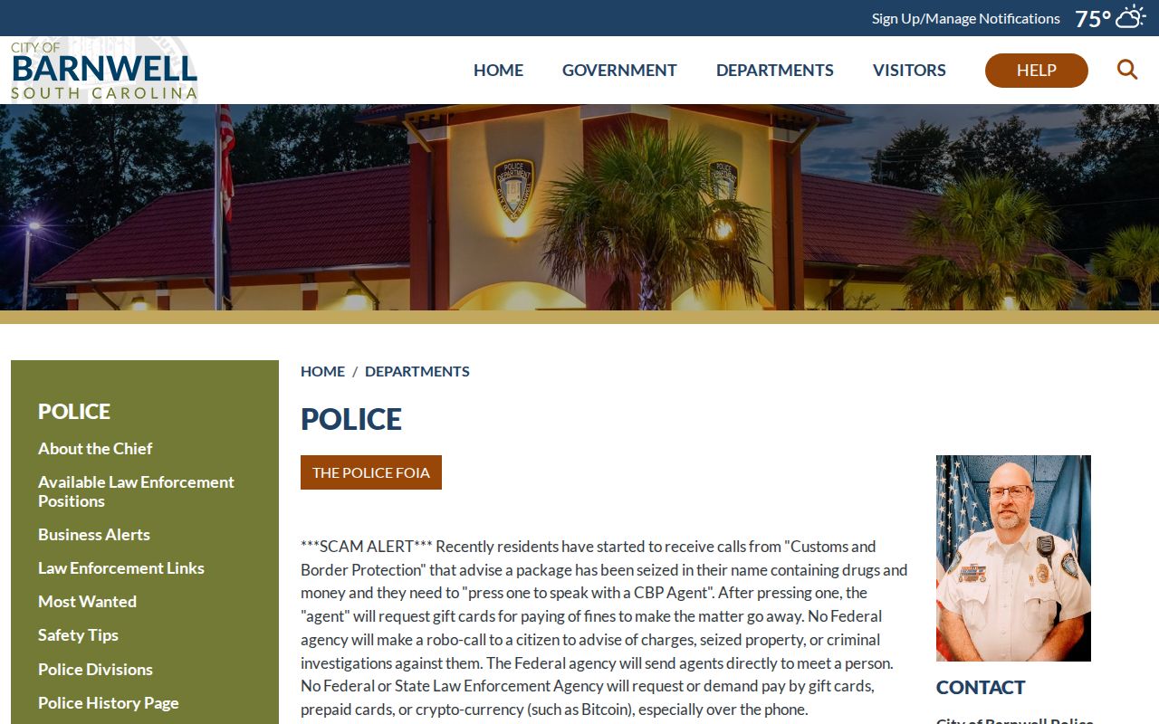 City of Barnwell Police Department records contact for Barnwell arrest records