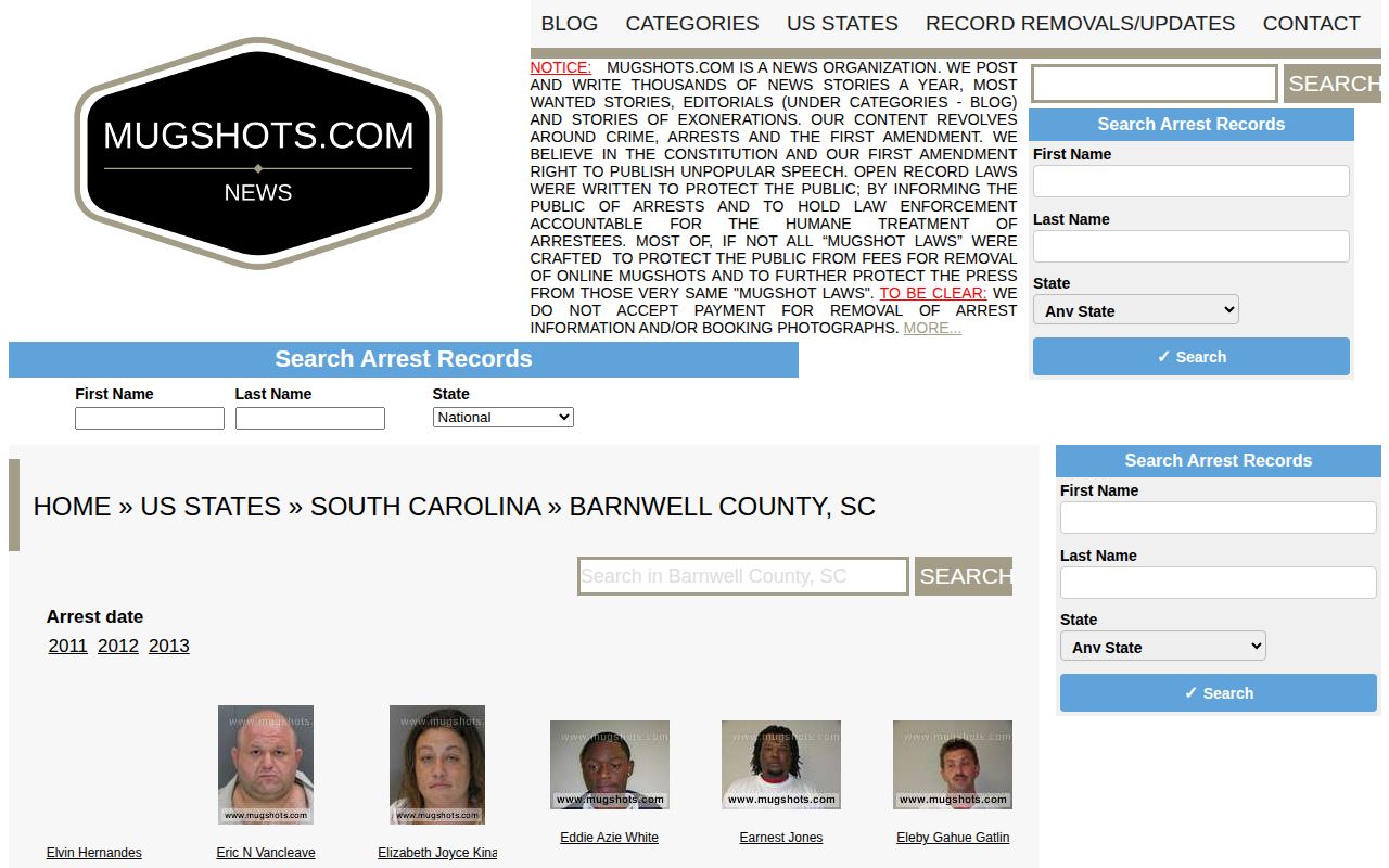 Barnwell County historical third-party mugshot archive interface