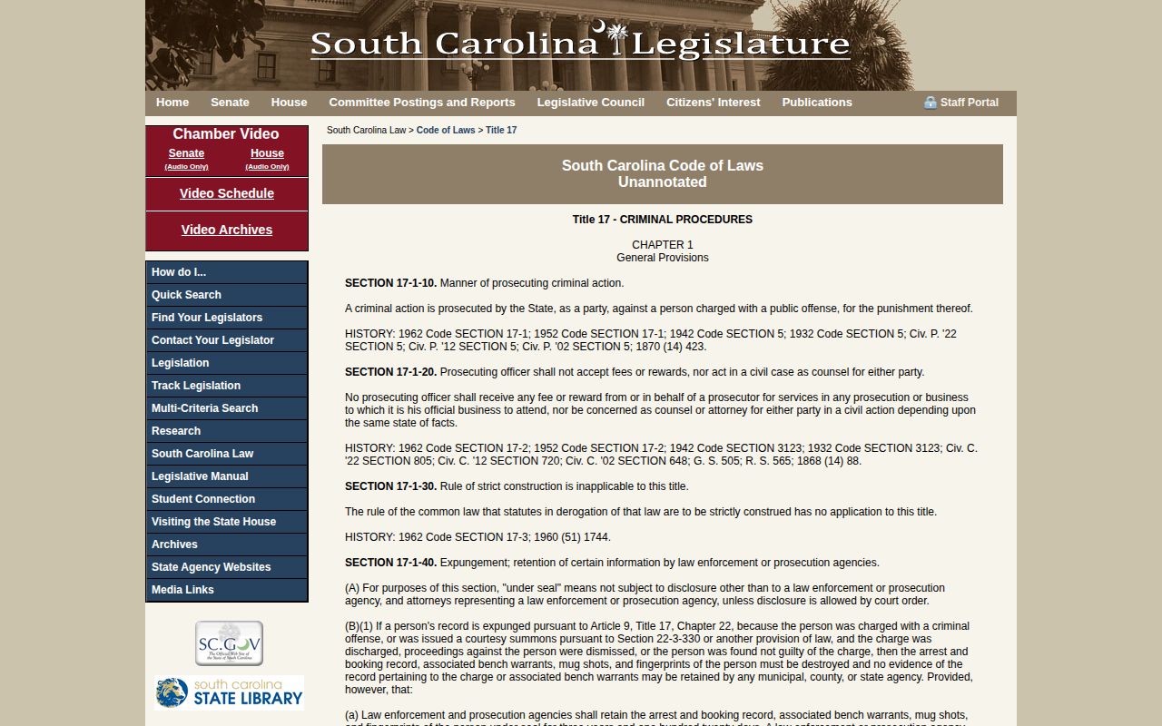 South Carolina official statutes 17-1-40 and 17-1-60 on booking records and photographs