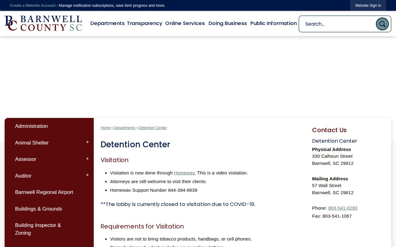 Barnwell County Detention Center official access information for booking records