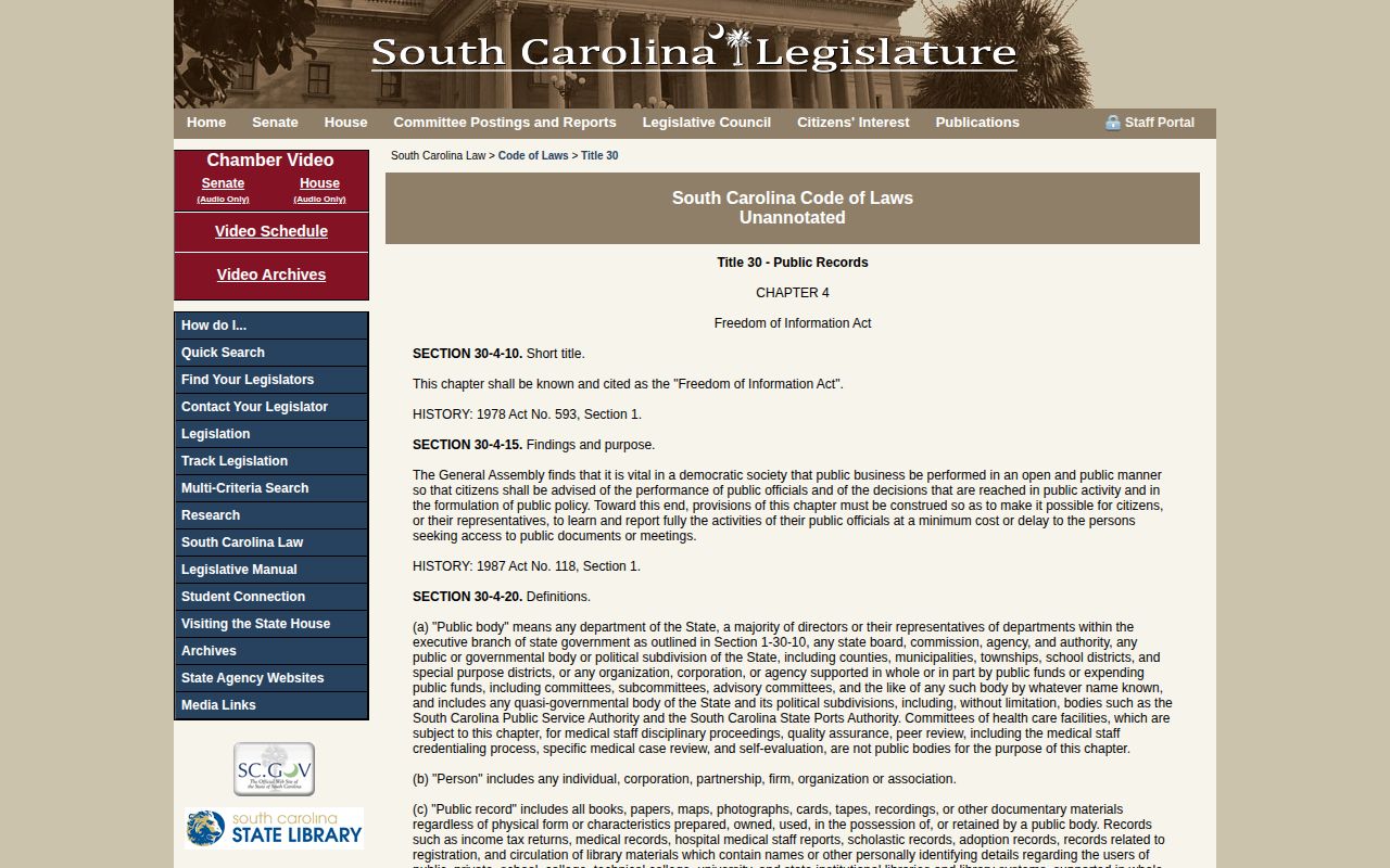 South Carolina section 30-4-30 official public-record access text for Barnwell County booking records
