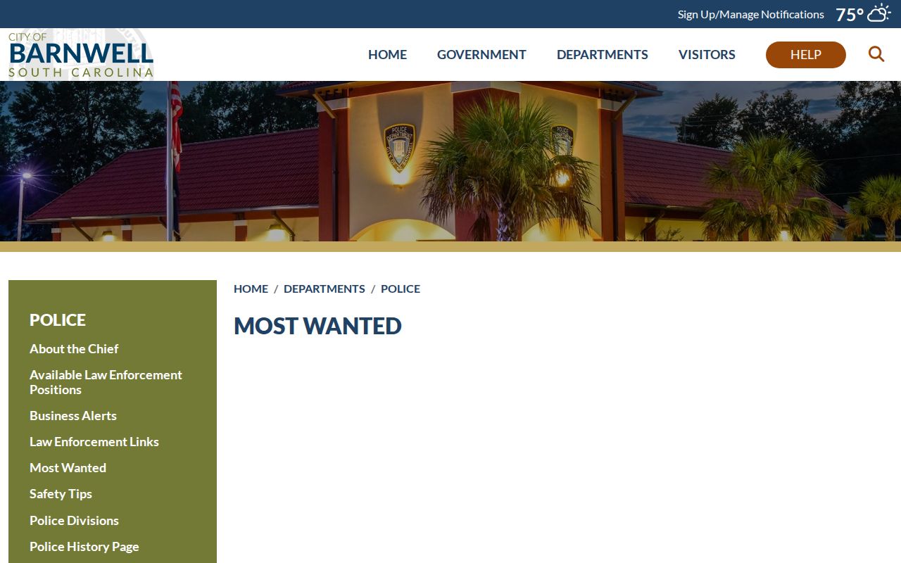 Barnwell County warrant information, City of Barnwell Most Wanted page with no listing